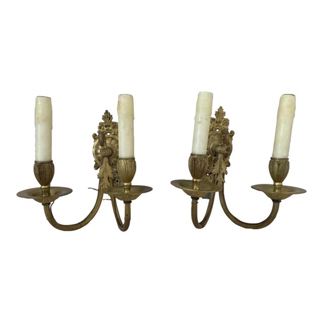 Early 20th Century Neoclassical French Empire Bronze 2 Arm Electrified Wax Candle Wall Sconces - a Pair For Sale