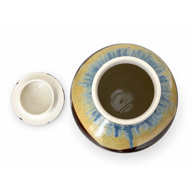 1980s Signed Studio Pottery Covered Jar With Brown, Blue & Cream Glaze For Sale In Las Vegas - Image 6 of 9