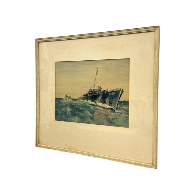 Arts & Crafts Original Wwii Us Navy Pc-571 Submarine Chaser Gouache Painting – Vintage Framed Maritime Military Art. For Sale - Image 3 of 8