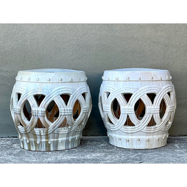 Vintage Glazed Ceramic Keyhole Garden Stools - A Pair For Sale In West Palm - Image 6 of 12