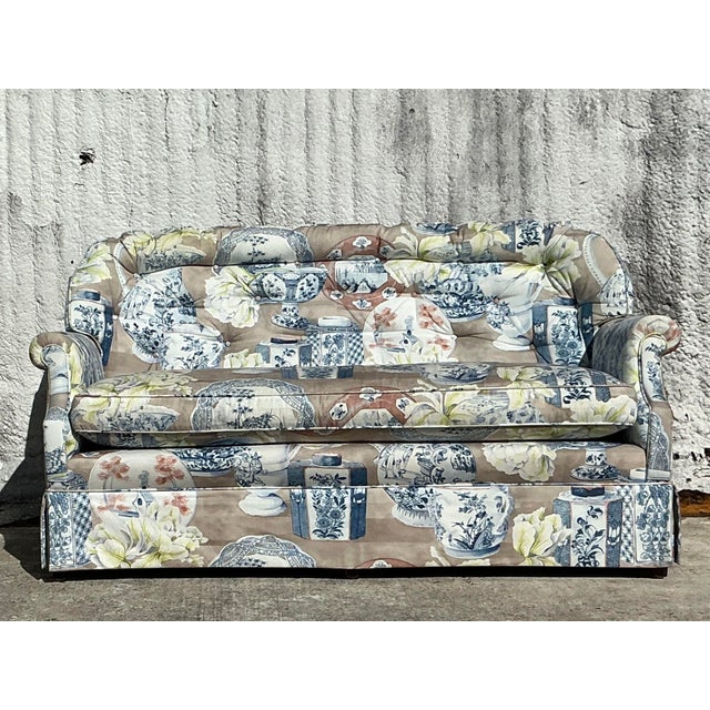 Chinoiserie Vintage Regency Blue and White Vase Printed Loveseat For Sale - Image 3 of 11
