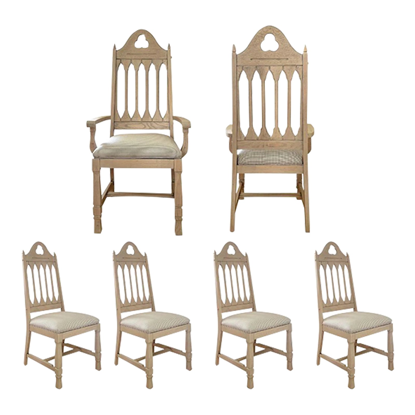 Early 20th Century Antique Bleached Gothic Dining Chairs With Mini ...