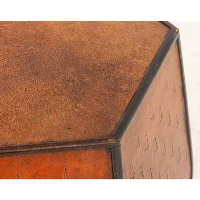 Fleur-De-Lys Embossed Leather Hexagonal Drum Stool For Sale - Image 4 of 5