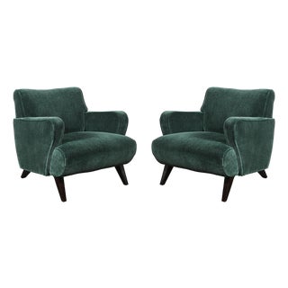 Pair of Mid-Century Curvilinear Green Mohair Lounge Chairs W/ Ebonized Supports For Sale