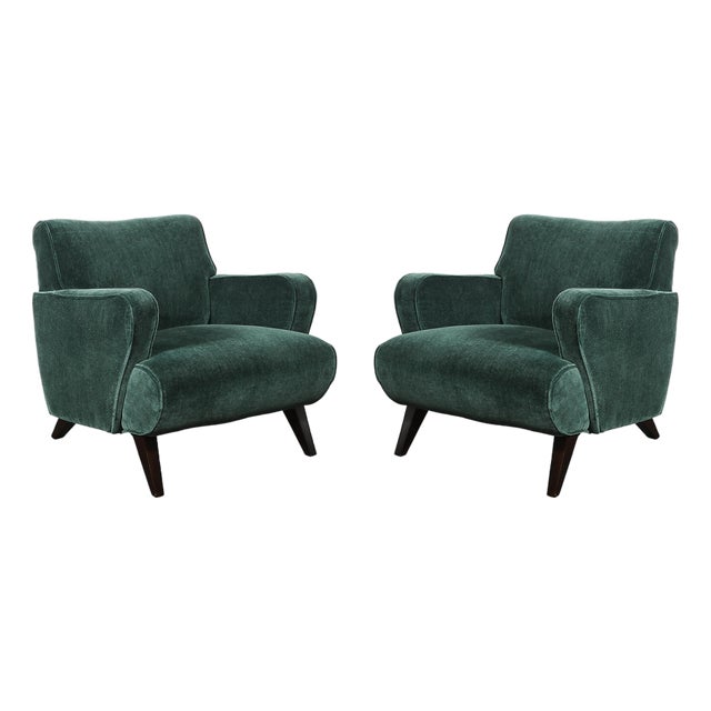 Pair of Mid-Century Curvilinear Green Mohair Lounge Chairs W/ Ebonized Supports For Sale