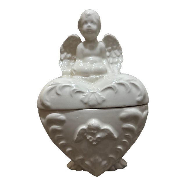 Vintage White Porcelain Cherub Heart Trinket Box For Sale