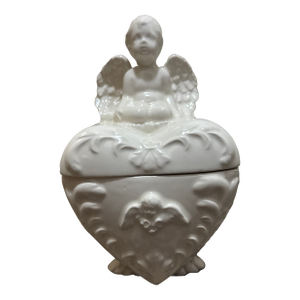 Vintage White Porcelain Cherub Heart Trinket Box