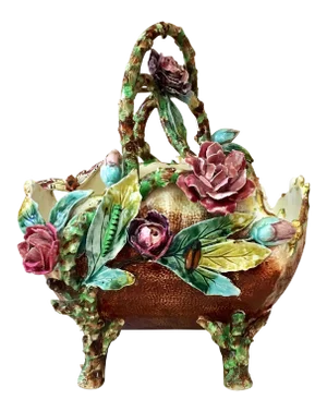 French Majolica Flowers and Insects Basket, circa 1880