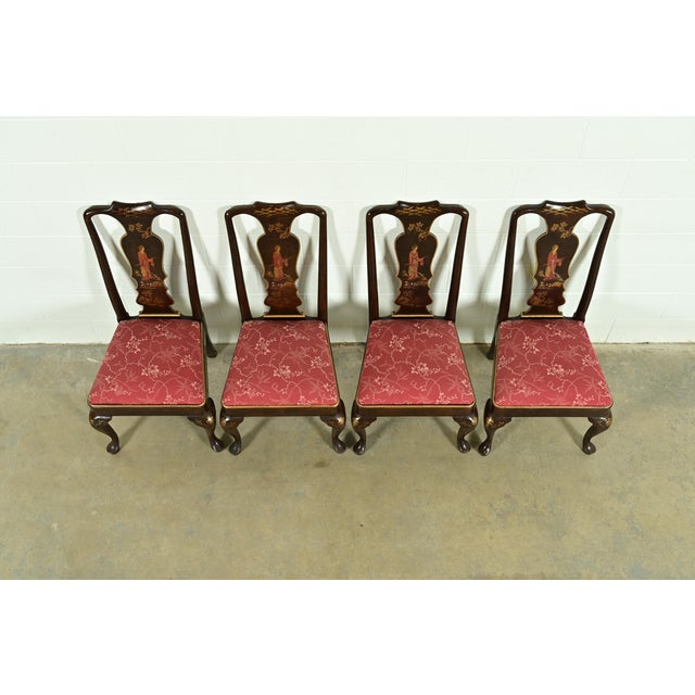 1980s Henredon Chinoiserie Queen Anne Hand Painted Oak and Burl Wood Dining Chairs, Set of Four For Sale - Image 5 of 13