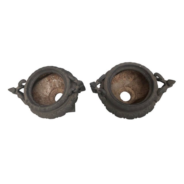 Pair of Vintage Neo-Classical Cast Iron Style Garden Urns – Matte Black For Sale - Image 4 of 12
