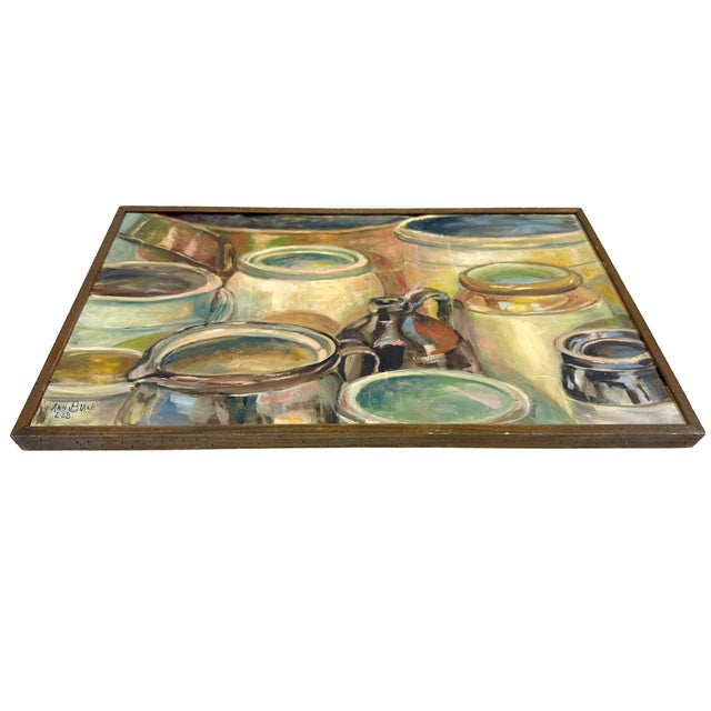 Vintage 1960s Still Life Oil Painting - Crocks, Jars, and Pottery Vessels W/ Handmade Artist's Frame - Signed Ann Blake 1968 For Sale In Philadelphia - Image 6 of 14