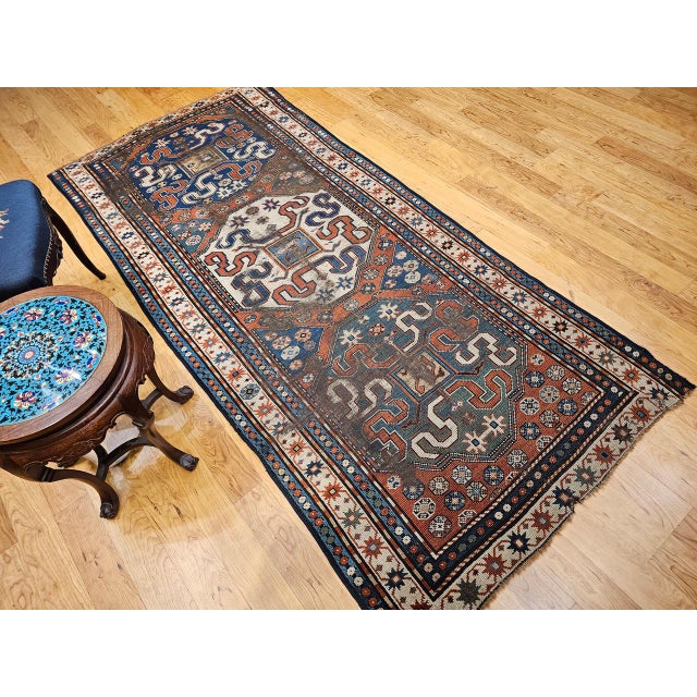 19th Century 19th Century Caucasian Cloudband Kazak Rug, Hand-Woven Wool, Chondoresh, 4' x 9' For Sale - Image 5 of 13