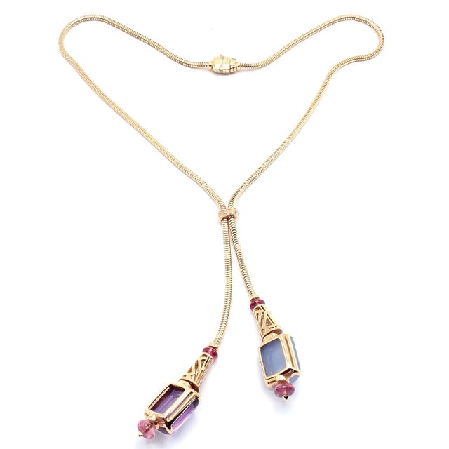 Amethyst Bulgari Rose Gold Amethyst Chalcedony Tourmaline Lariat Necklace For Sale - Image 8 of 15