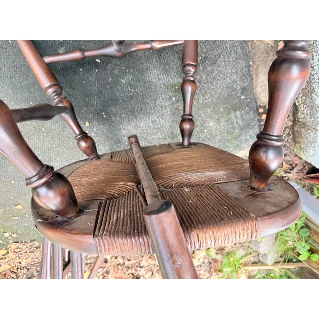 Brown Vintage Windsor-Style Hoop-Back Rush Seat Armchair For Sale - Image 8 of 15