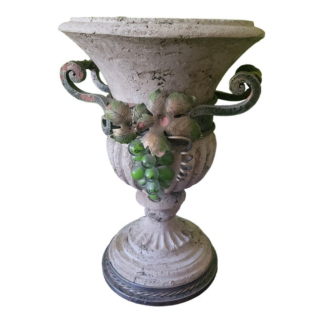 Vintage Classical Revival Urn With Patinated Metal Handles & Grape Motif For Sale