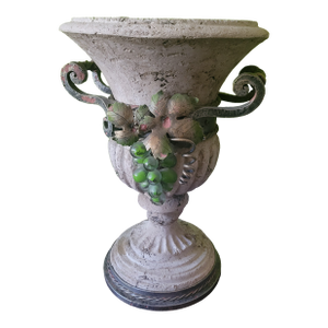 Vintage Classical Revival Urn With Patinated Metal Handles & Grape Motif