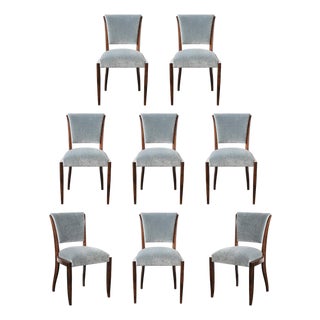 Set of Eight Art Deco Sculptural Walnut Dining Chairs in Plush Mohair Upholstery For Sale