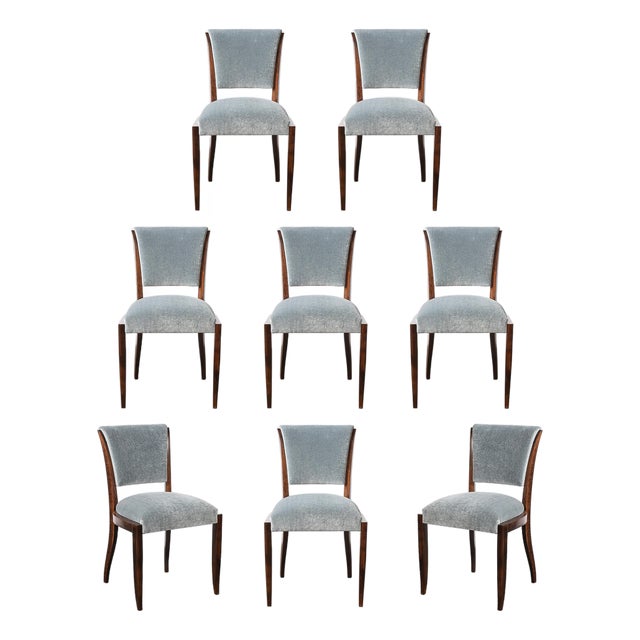 Set of Eight Art Deco Sculptural Walnut Dining Chairs in Plush Mohair Upholstery For Sale