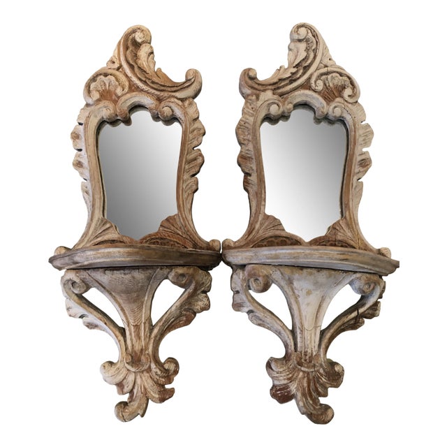 White Washed Mirrored Wood Scones - a Pair For Sale