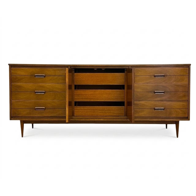 Vintage Mid Century Modern Walnut 9-Drawer Triple Dresser Dovetailed Drawers For Sale - Image 10 of 10