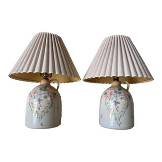 Vintage Hand-Painted Ceramic Jug Table Lamps With Floral Motif – A Pair For Sale