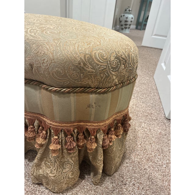 Wood Late 20th Century Bombay Company Floral Upholstered Skirted Vanity Bench Footstool With Tassels For Sale - Image 7 of 7