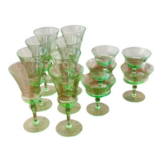 Early 20th Century Uranium Vaseline Glass Cambodia Stemware by Utility Glass Works - Set of 13 For Sale