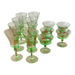 Early 20th Century Uranium Vaseline Glass Cambodia Stemware by Utility Glass Works - Set of 13