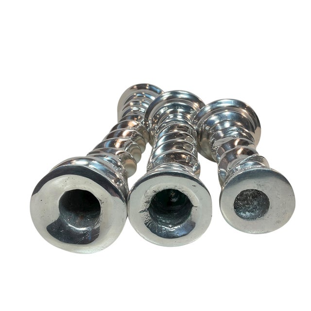 Set of 3 Polished Pewter Twisted Candle Holders 7”-14.5” For Sale - Image 11 of 12
