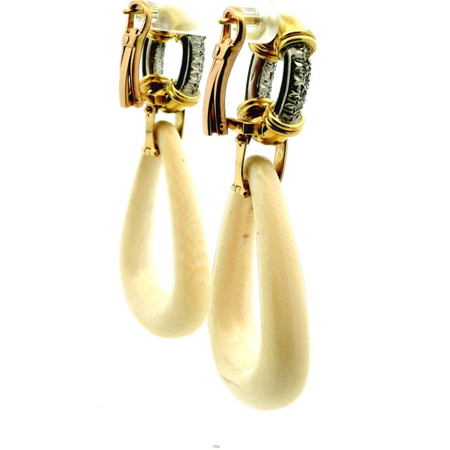 1970s Italian Modernist 18k Gold Diamond and Sculpted Natural Bone Drop Earrings, A Pair For Sale - Image 4 of 13