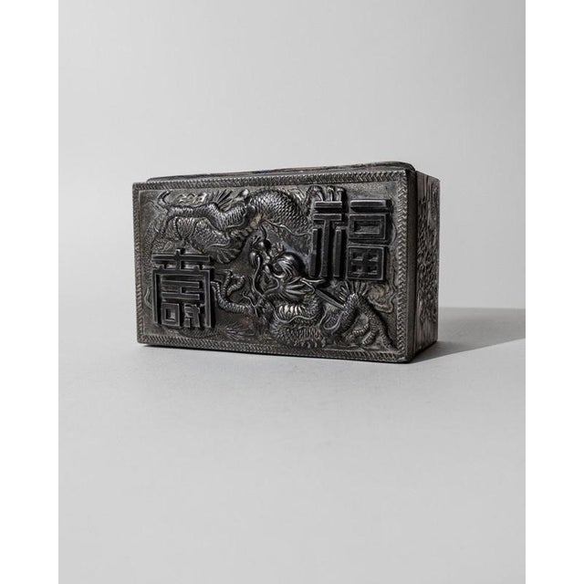 Vintage Japanese Silver-Plated Box with Dragon Motif and Wood Inlay, Early 19th Century For Sale - Image 4 of 17