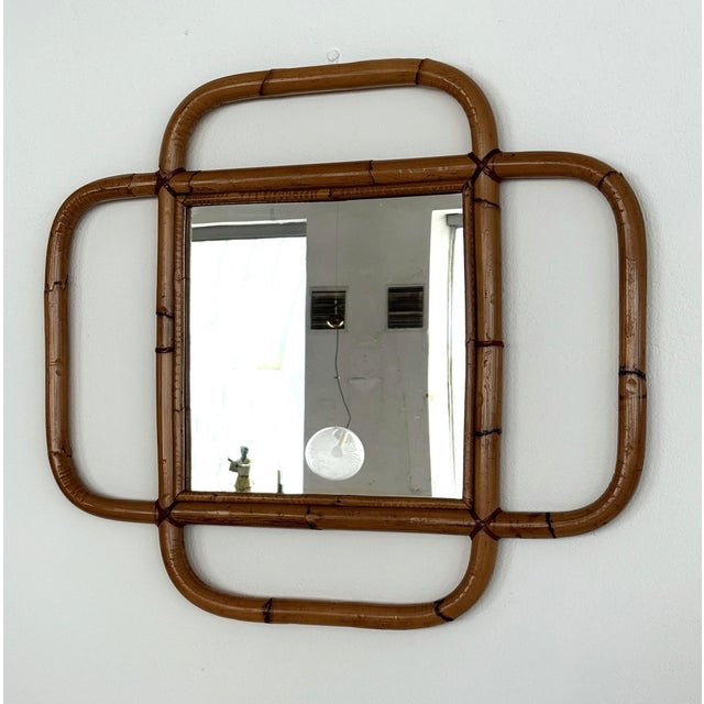 Mid-Century Modern Large Italian Organic Wall Mirror in Rattan and Bamboo, 1970s For Sale - Image 3 of 15