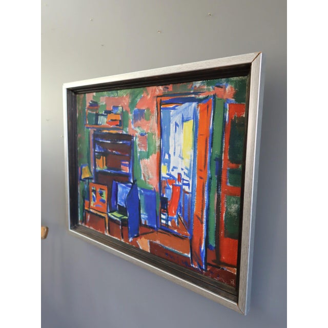 Mid-Century Modern 'Vibrant Interior' Vintage Original Expressive Interior Oil Painting, Framed For Sale - Image 4 of 12