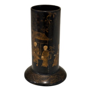 Antique English Papier-Maché Chinoiserie Spill Vase / Brush Holder in Black and Gold For Sale