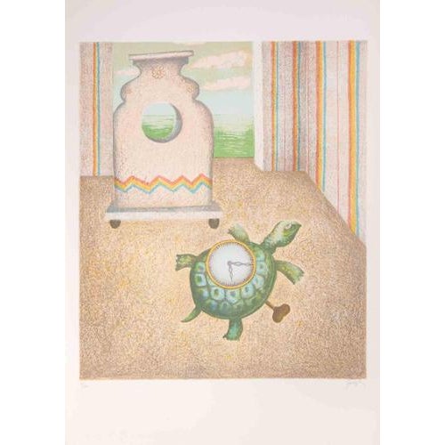 Contemporary Enrico Benaglia, The Turtle-Clock, Lithograph, 1990s For Sale - Image 3 of 3