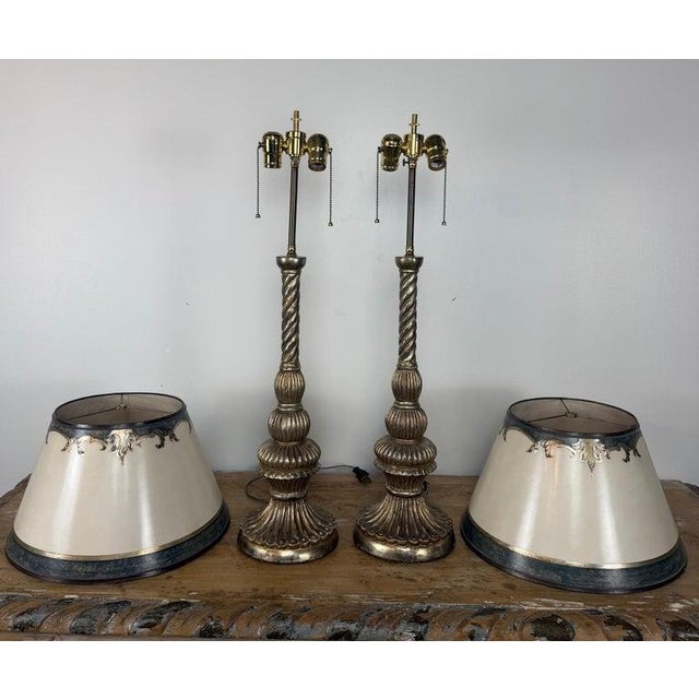 Baroque Mid 20th Century Italian Baroque Barley Twist Table Lamps - Silvered and Giltwood - a Pair For Sale - Image 3 of 18