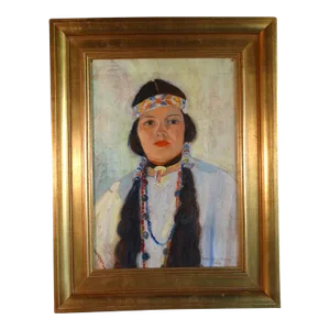 Mid 20th Century Dorothy Bernays Stauher Portrait Oil Painting of a Young Woman in Native American Dress, Framed