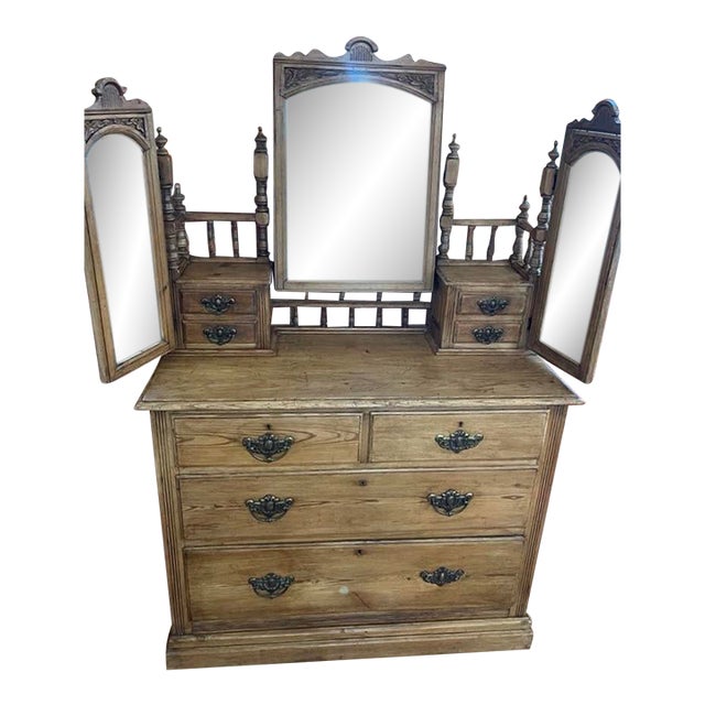 1880s Antique Mirrored Yellow Pine Ladies Dressing Table English For Sale