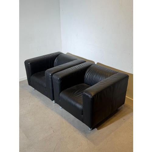 Metal Club Chairs in Black Leather, Set of 2 For Sale - Image 7 of 7