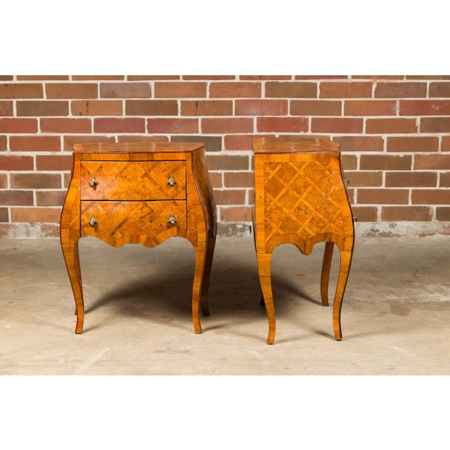 Wood Mid 20th Century Italian Rococo Style Burl Wood Marquetry Bedside Chests with Cabriole Legs For Sale - Image 7 of 12