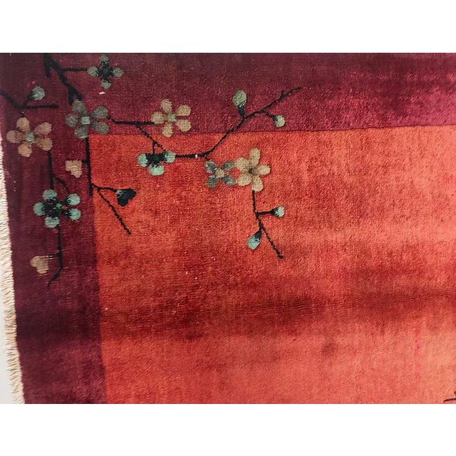 Ruby Red 1920s Ruby Red Floral Antique Chinese Art Deco Rug 5' X 6'9" Knotted Pile Wool Carpet For Sale - Image 8 of 9