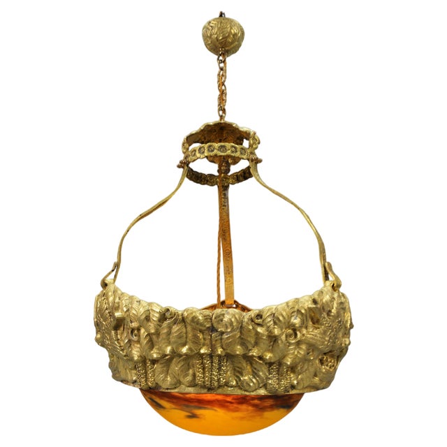 Art Deco French Brass Chandelier with Yellow Pâte De Verre Glass by Degué, 1930s For Sale