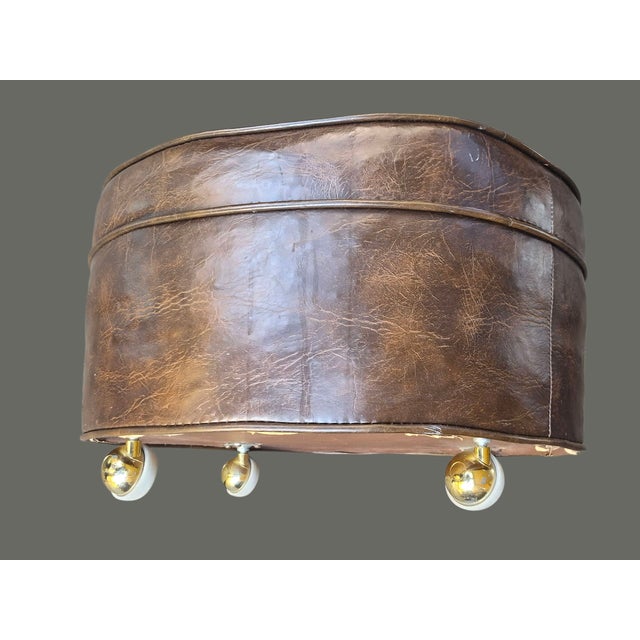 1960s Retro Mid-Century Modern Brown Leatherette Daisy Top Ottoman Foot Stool on Wheels For Sale - Image 4 of 9