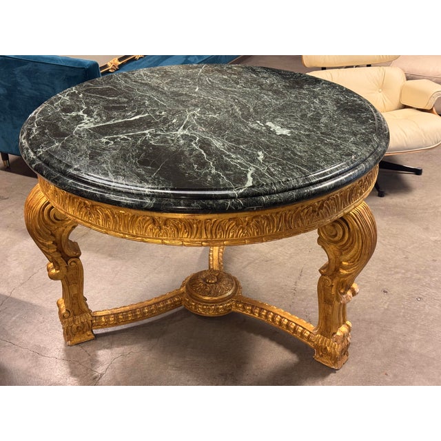 French Louis XV Style 23 K Gold Carved Wood Center Table + Marble Top For Sale - Image 9 of 12