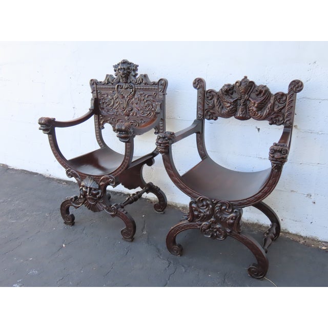 Gothic Late 1800s Gothic Heavy Hand Carved Throne His and Hers Curule Chairs 6570d For Sale - Image 3 of 18