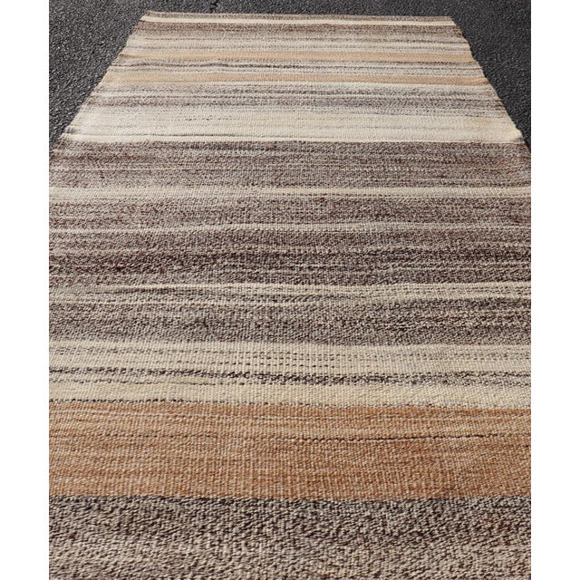 Taupe Vintage Turkish Kilim Rug With Layered Stripes in Cream, Walnut, and Taupe For Sale - Image 8 of 11