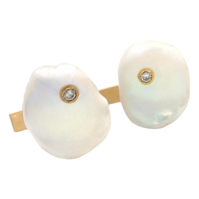 Diamond Fresh Water Pearl Cufflinks 14k Gold Designer Certified For Sale