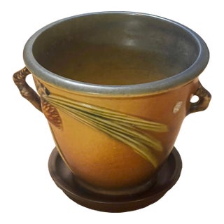 1930s Ext Rare #633-5 Roseville Pine Cone 2-Handled Flower Pot With Saucer Underplate Brown Green Blue Orig Stamp For Sale