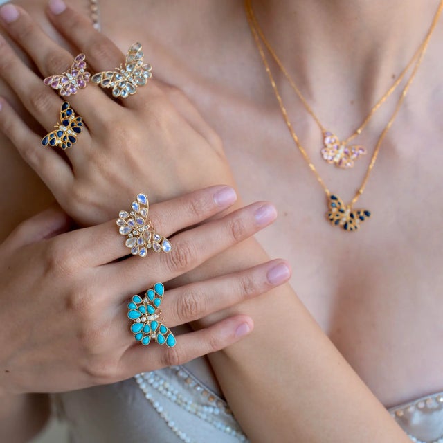 Nina Zhou Jewelry Nina Zhou Butterfly Turquoise Diamond Cocktail Ring in 14k Yellow Gold, size 4.5 For Sale - Image 4 of 12