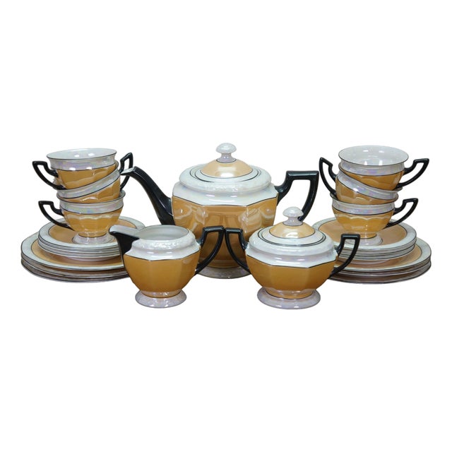 Antique Art Deco Palt Adolf Laufer Bohemian Czech Iridescent Lustreware Tea Set - 21 pcs For Sale